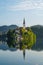 Bled island closeup and pletna on Lake Bled, Slovenia