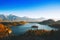 Bled Lake with Island with Catholic Church, Castle and Alps.