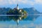 Bled lake island, St Martin Catholic church and Castle with mountain Range, Slovenia, Europe. Landscape in Slovenia, nature in Eur