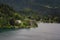 Bled Lake, shoreline mountain, alpine village in sunny weather, Slovenia, Europe.