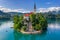 Bled, Slovenia - Aerial view of beautiful Pilgrimage Church of the Assumption of Maria on a small island at Lake Bled