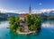 Bled, Slovenia - Aerial view of beautiful Pilgrimage Church of the Assumption of Maria on a small island at Lake Bled