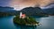 Bled, Slovenia - Aerial view of Lake Bled Blejsko Jezero with the beautiful Pilgrimage Church of the Assumption of Maria