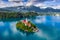 Bled, Slovenia - Aerial view of Lake Bled Blejsko Jezero with the Pilgrimage Church of the Assumption of Maria, pletna boats