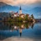 Bled, Slovenia - Beautiful autumn sunrise at Lake Bled with the famous Pilgrimage Church of the Assumption of Maria