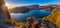 Bled, Slovenia - Beautiful autumn sunrise at Lake Bled on a panoramic shot with Pilgrimage Church of the Assumption of Maria