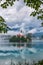 Bled, Slovenia - Beautiful Pilgrimage Church of the Assumption of Maria on Lake Bled Blejsko Jezero covered by fog