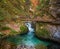 Bled, Slovenia - The beautiful Vintgar Gorge canyon with wooden bridge and stream near Bled