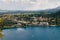 Bled, Slovenia - September, 8 2018: Aerial view of the Bled city resorts, hotels, houses, parks and beaches situated on the bank