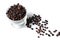 Blend of coffee bean with cup isolated on background.