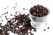 Blend of coffee bean with cup isolated on background.