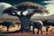 Blend between giant baobab tree and computer motherboard, cpu in Africa with elephants, AI generative
