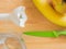 Blender, knife, glass and fruit, banana and apple recipe for smoothie