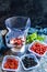 Blender with oatmeal, plastic plates, containers with raspberry, blackberry, red currant, cherry on a stone background