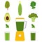 Blender, vegetables and vegetable juices. Avocado, cucumber, broccoli, herbs. Glasses with green juice. Vector illustration, isola