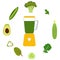 Blender, vegetables and vegetable juices. Avocado, cucumber, broccoli, herbs, peas. Glasses with green juice. Vector illustration,