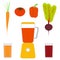 Blender, vegetables and vegetable juices. Sweet pepper, tomato, carrots, beets. Glasses with juice. Vector illustration, isolated.