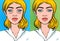 Blepharoplasty woman face before and after. Under eye lifting facial procedure side by side comparison, vector illustration in pop