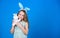 A blessed Easter. Easter bunny rabbit. Small child with cute toy. Little child in Easter rabbit style playing with toy