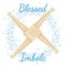 Blessed Imbolc beginning of spring pagan holiday text in a wreath of snowflakes with Brigid Cross. Vector postcard