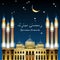 Blessed Ramadan very beautiful illuminated mosque with six minarets at night with crescent and stars detailed vector image. Arabic
