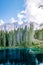 Bleu lake in the dolomites Italy, Carezza lake Lago di Carezza, Karersee with Mount Latemar, Bolzano province, South