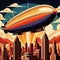 Blimp floating over city, retro art deco vintage illustration