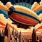 Blimp floating over city, retro art deco vintage illustration