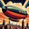 Blimp floating over city, retro art deco vintage illustration