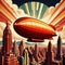 Blimp floating over city, retro art deco vintage illustration