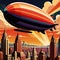 Blimp floating over city, retro art deco vintage illustration