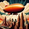 Blimp floating over city, retro art deco vintage illustration