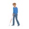 Blind Caucasian man in glasses with a walking cane