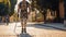 Blind disabled soldier with prosthesis walking with walk stick in the city. Generative AI