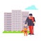 Blind guide man walk with best friend dog pet character or puppy illustration. Family helper with doggie animal isolated