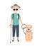 Blind man. Colorful image featuring visually impaired elderly with guide dog on white background. Flat vector cartoon