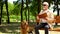 Blind man feels happy reading book, resting with dog, socially secure life