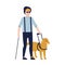 Blind man and guide dog isolated on white background. Guy with blindness, visual impairment or vision loss and service