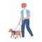 blind man wearing glasses walking with dog a cane walking