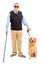 Blind person holding a walking stick and a dog