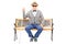 Blind senior man seated on bench isolated on white
