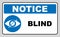 Blind sign in blue circle, notice label. Crossed eye icon. Simple flat logo of strikethrough eye on white background