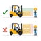 Blind spots of a forklift. Safety in handling a fork lift truck. Security First. Accident prevention at work. Industrial Safety