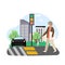 Blind woman with cane crossing street at the lights and crosswalk with tactile warning tiles, flat vector illustration.