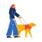 Blind woman with guide dog with harness flat vector illustration isolated.