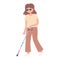 blind woman wearing glasses with a cane walking isolated