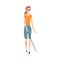 Blind Young Woman Character in Dark Glasses Walking with Cane Vector Illustration