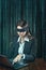 Blindfolded woman alone on the web