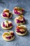 Blinis with creamy beetroot and hot smoked salmon