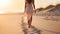 Blissful beach travel concept woman strolling on sandy beach, closeup shot with ocean view